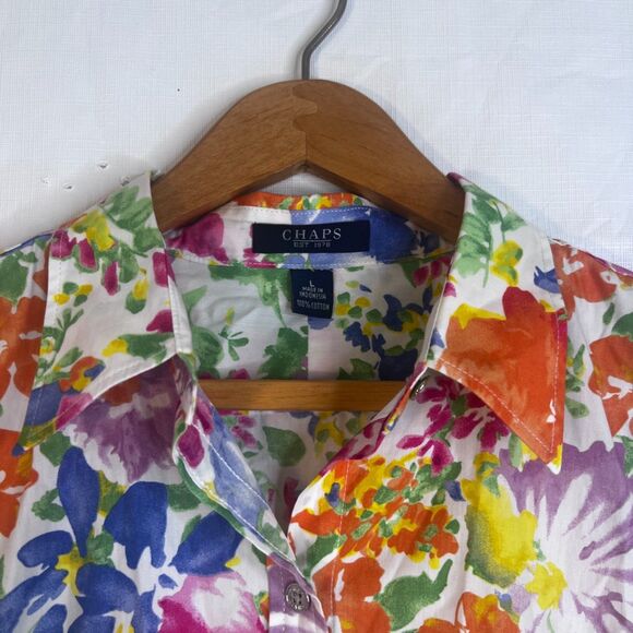 Chaps Floral Print 100% Cotton Blouse Artsy Boho Size Large Casual Feminine - Picture 3 of 8